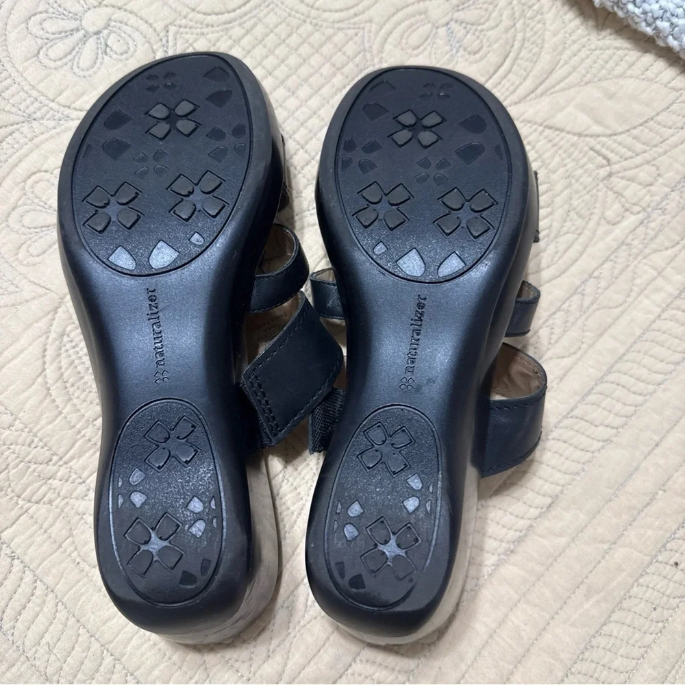 Naturalizer Black Slip-On Wedge Mule Sandals with Leather Straps